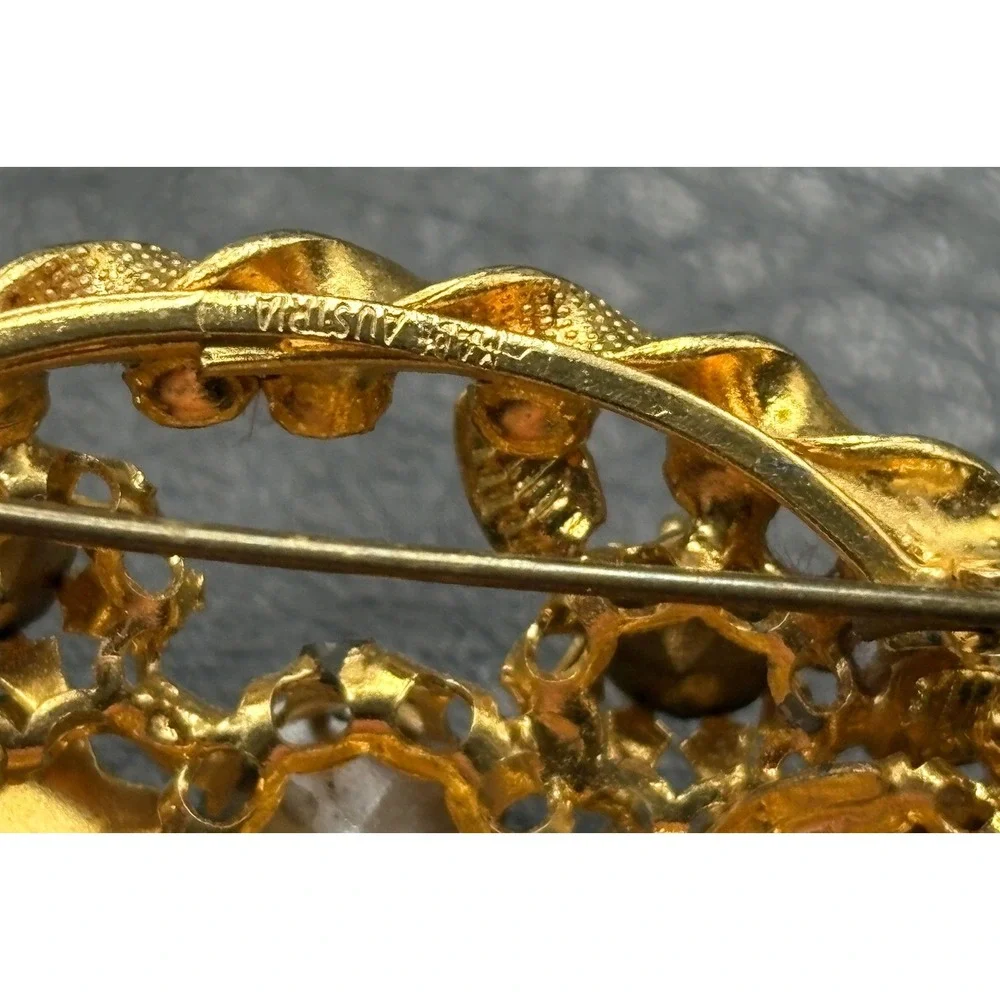 VTG Austria Gold Tone Filigree Brooch Blue Green Heart Rhinestone Pin READ